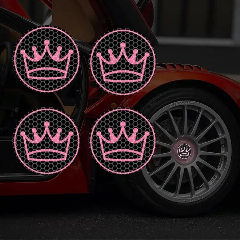4Pcs Pink Reflective Crown Wheel Hub Stickers, Waterproof Vinyl Decals Night Safety Warning for Car Hub Cap Decor