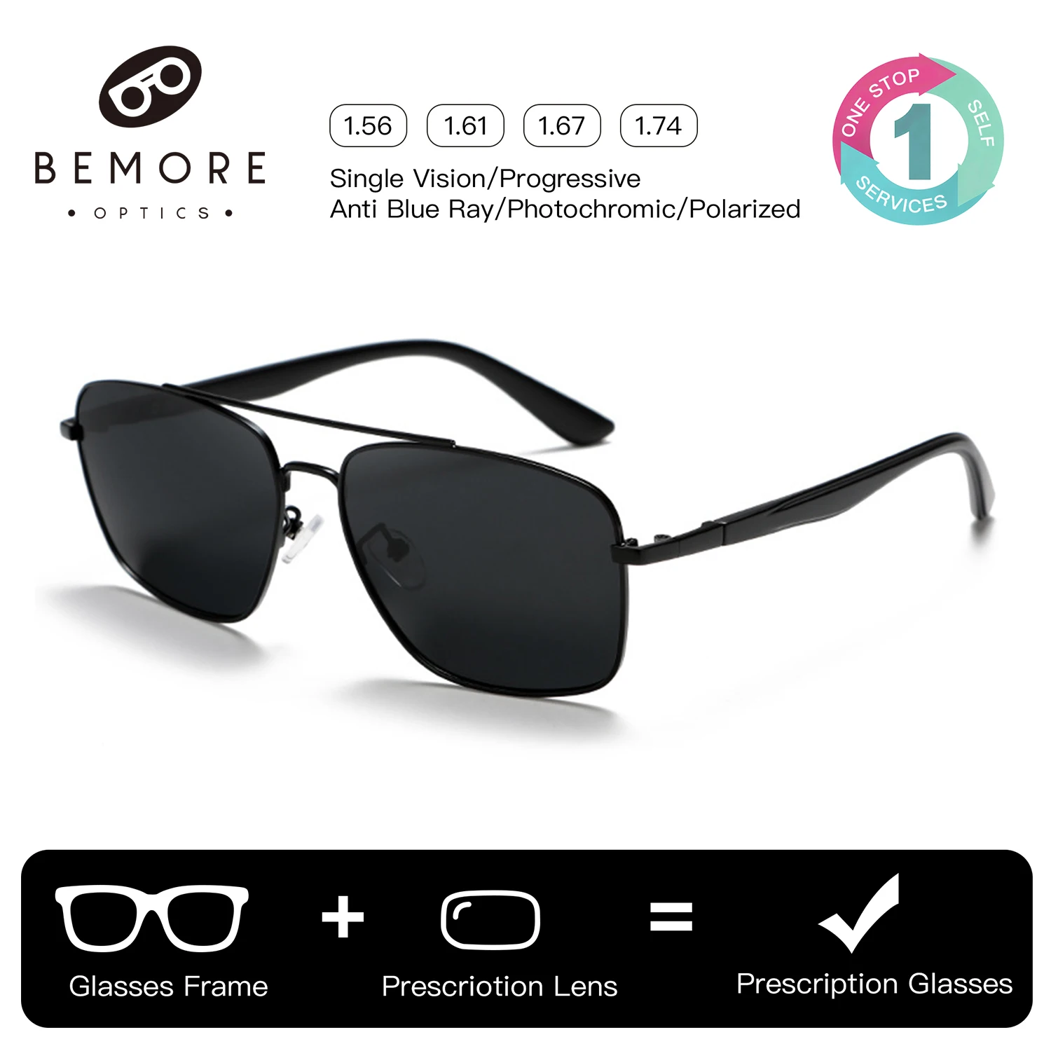 BEMORE Pilot Prescription Sunglasses For Men Alloy Polarized UV400 Fishing Optical Grade Frame Lenses Glasses