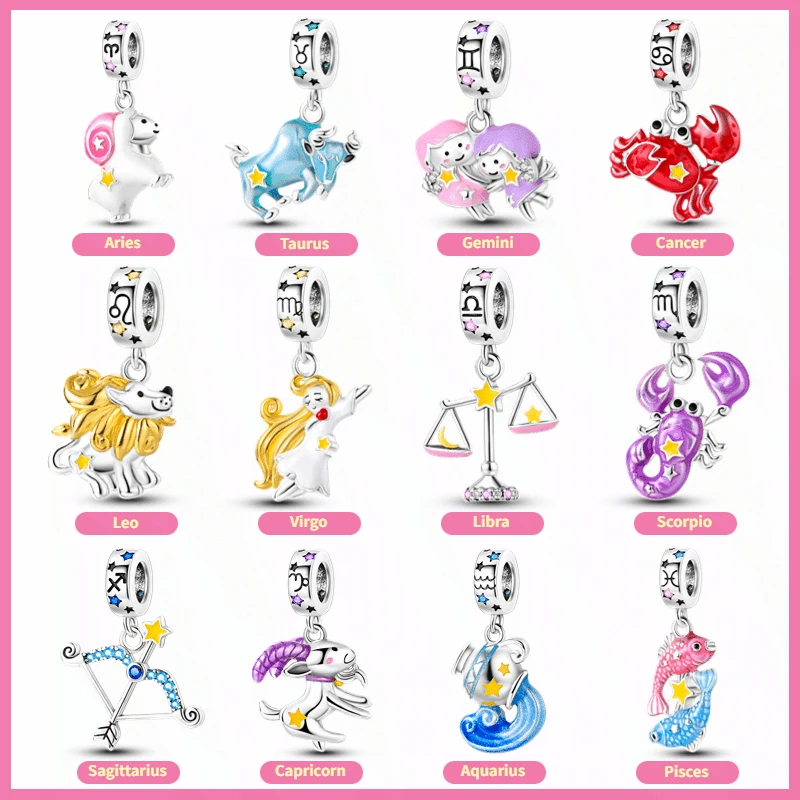100% 925 Sterling Silver 12 Zodiac Sign Constellation Animals Charms Fit For Pandora Original Bracelet DIY Jewelry Making