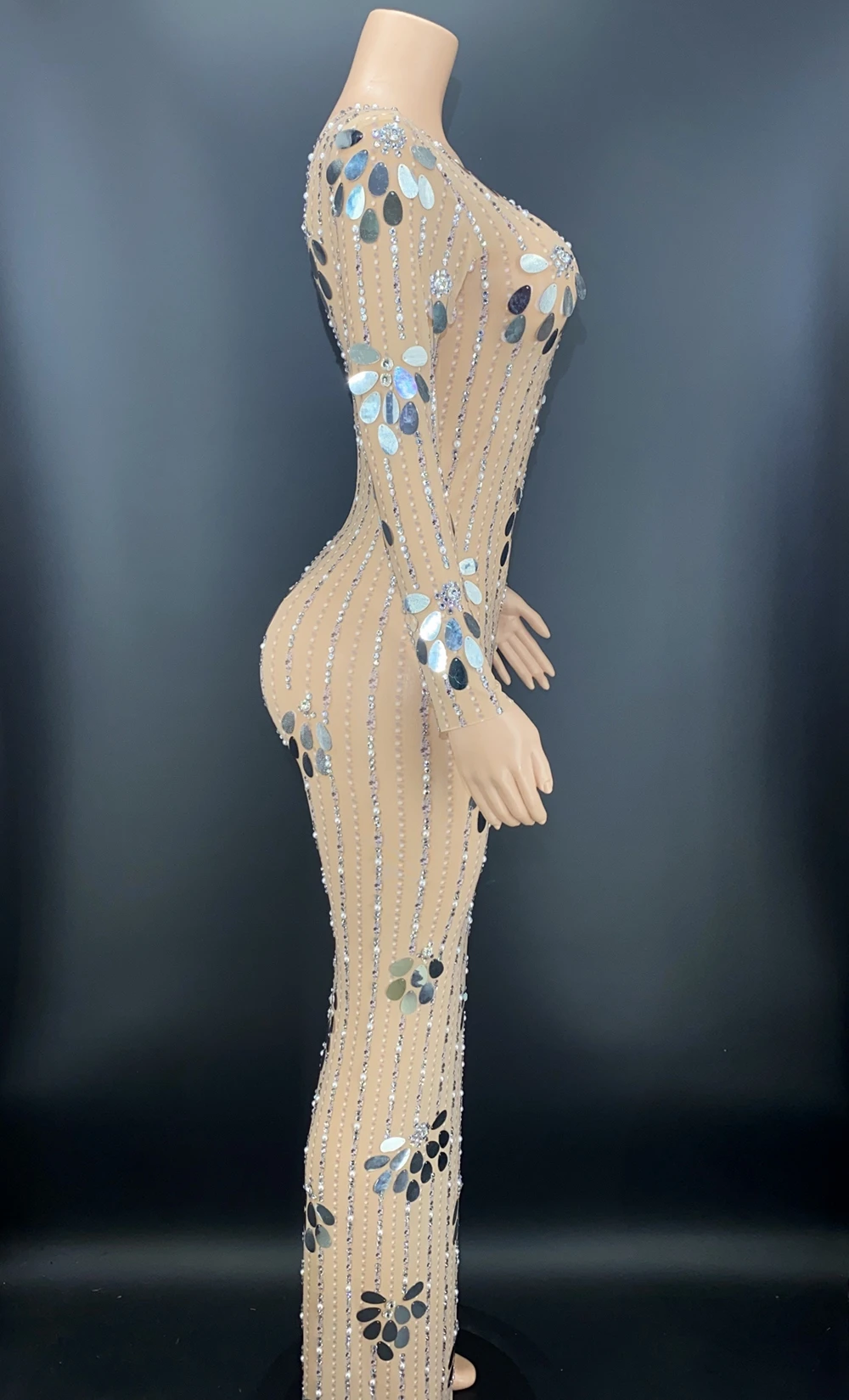 Vestido de lentejuelas brillantes con diamantes de imitación para mujer, vestido transparente de malla de manga larga, traje de fiesta de cumpleaños, Sexy