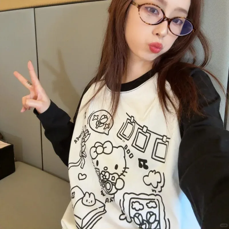 Sanrio Hello Kitty Minimalist Hand-painted  Print T-shirt Pure Cotton Long Sleeved Female Tees Korean Version Casual Fashion Top