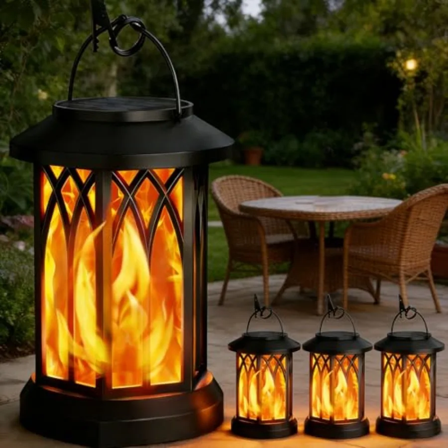 

Outdoor Solar Lanterns Upgraded Flickering Flame Lights Waterproof Hanging Decorative Lantern for Yard Patio Path Tree Garden A
