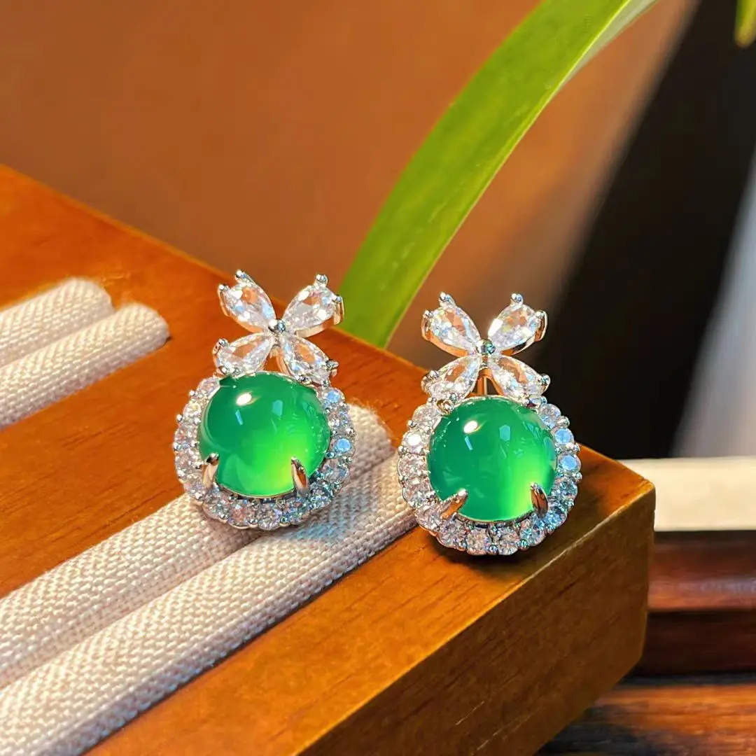 Natural Fashion Green Iced Jadeite Set with Escaping Princess Earrings, Exquisite Jadeite Cherry Earrings