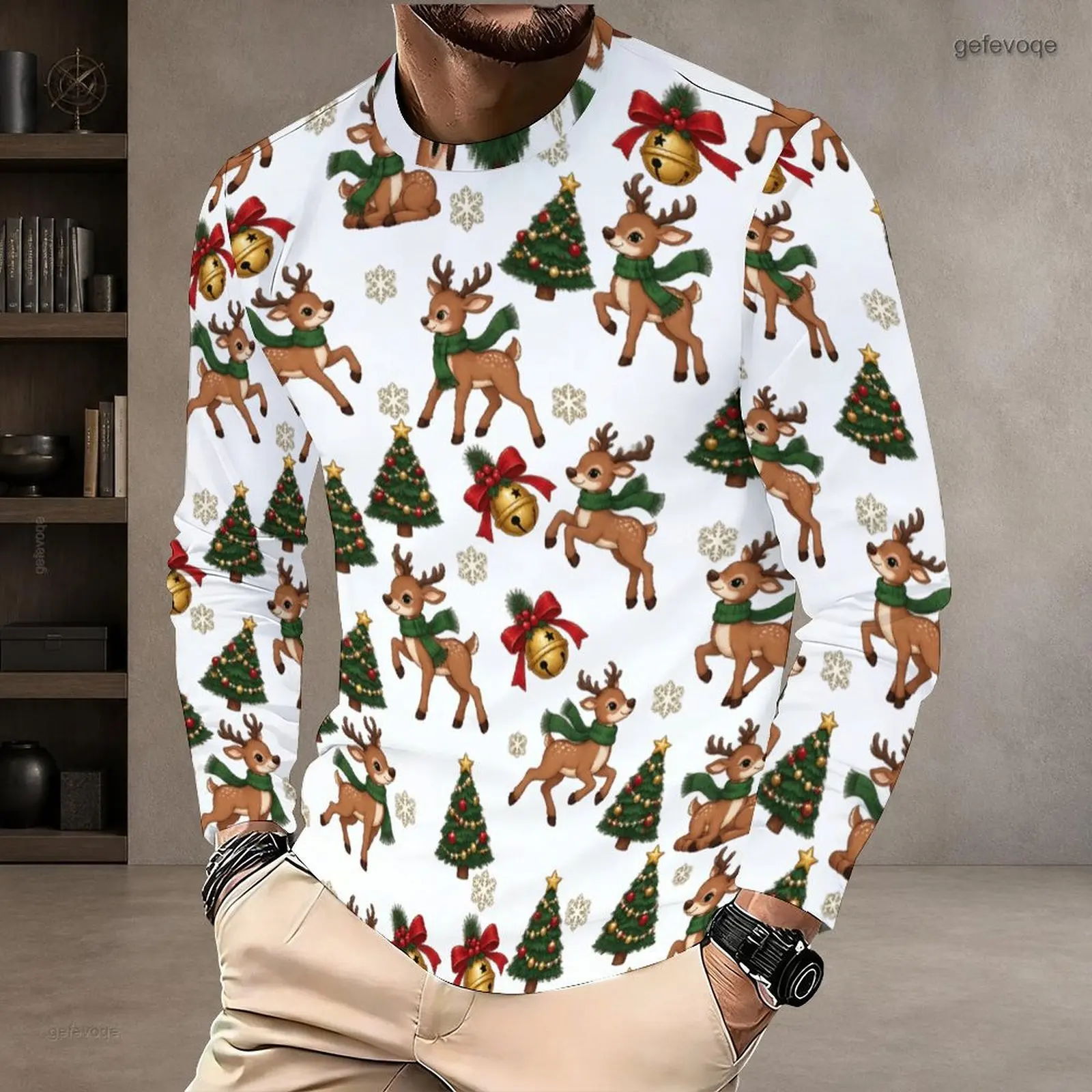 Round Neck Long Sleeve Pullover Straight Hem Printed T Shirt for Men