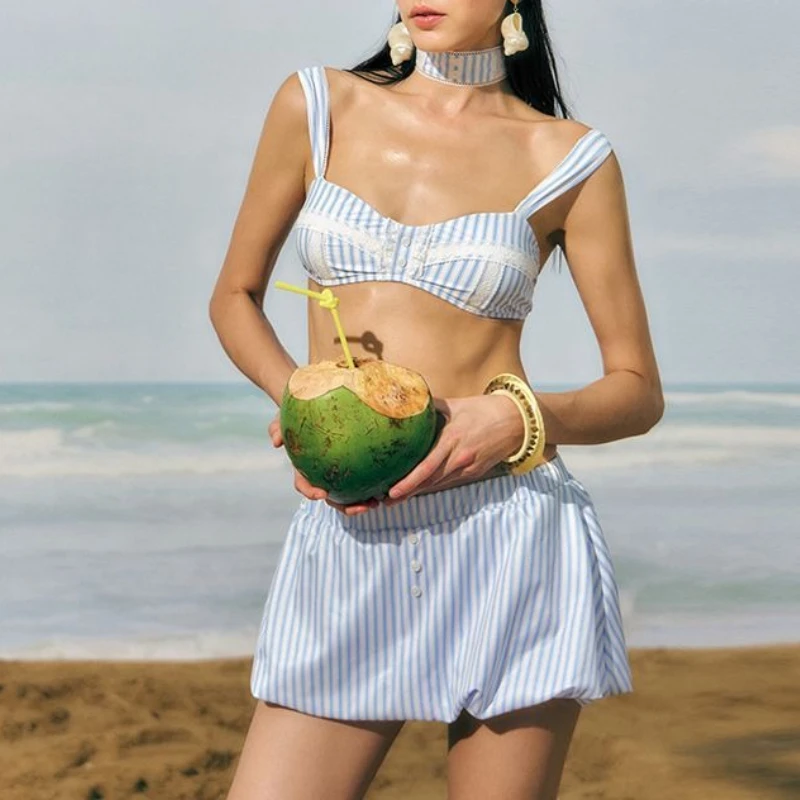 

New Beautiful Patchwork Beach Party Set French Striped Sexy Gathering Resort Skirt Split Swimsuit Women's Summer Fashion Outfits