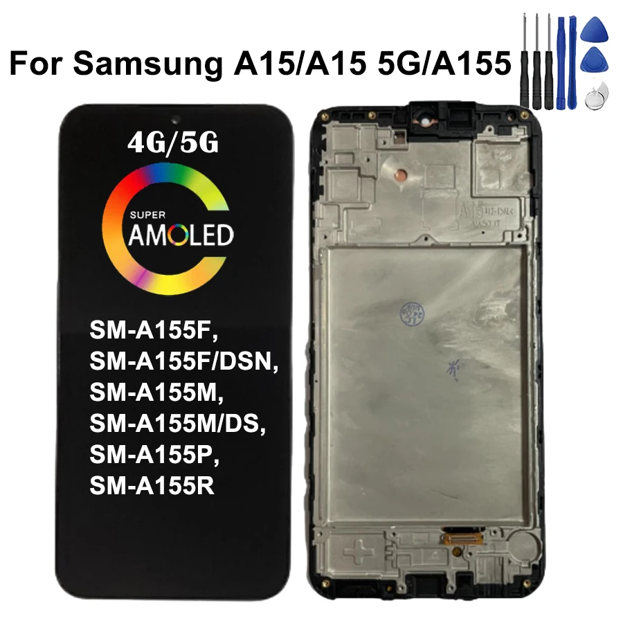 Super AMOLED A15 A155F Display For Samsung A15 5G A156B, SM-A156P SM-A156U LCD Display Touch Screen Digitizer with Frame