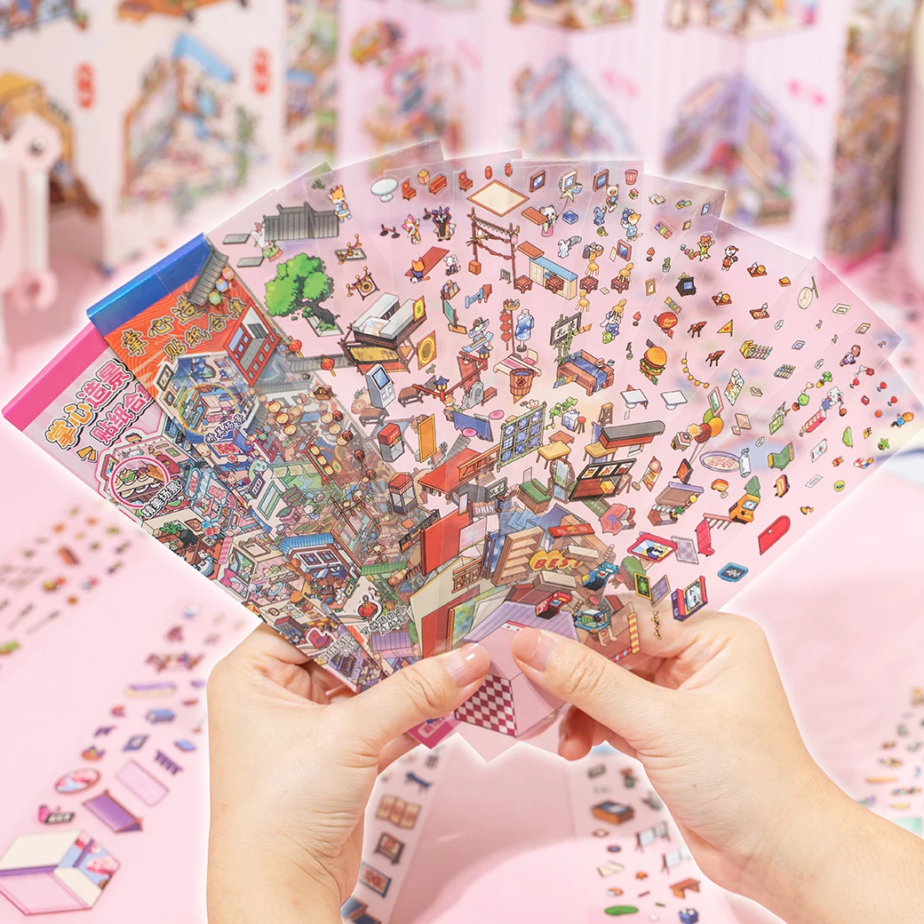 12Pcs 12in1 3D Landscape Stickers Collection Book Album Cartoon Scene DIY Toy Game Festival Birthday Gift for Kid Girl Child