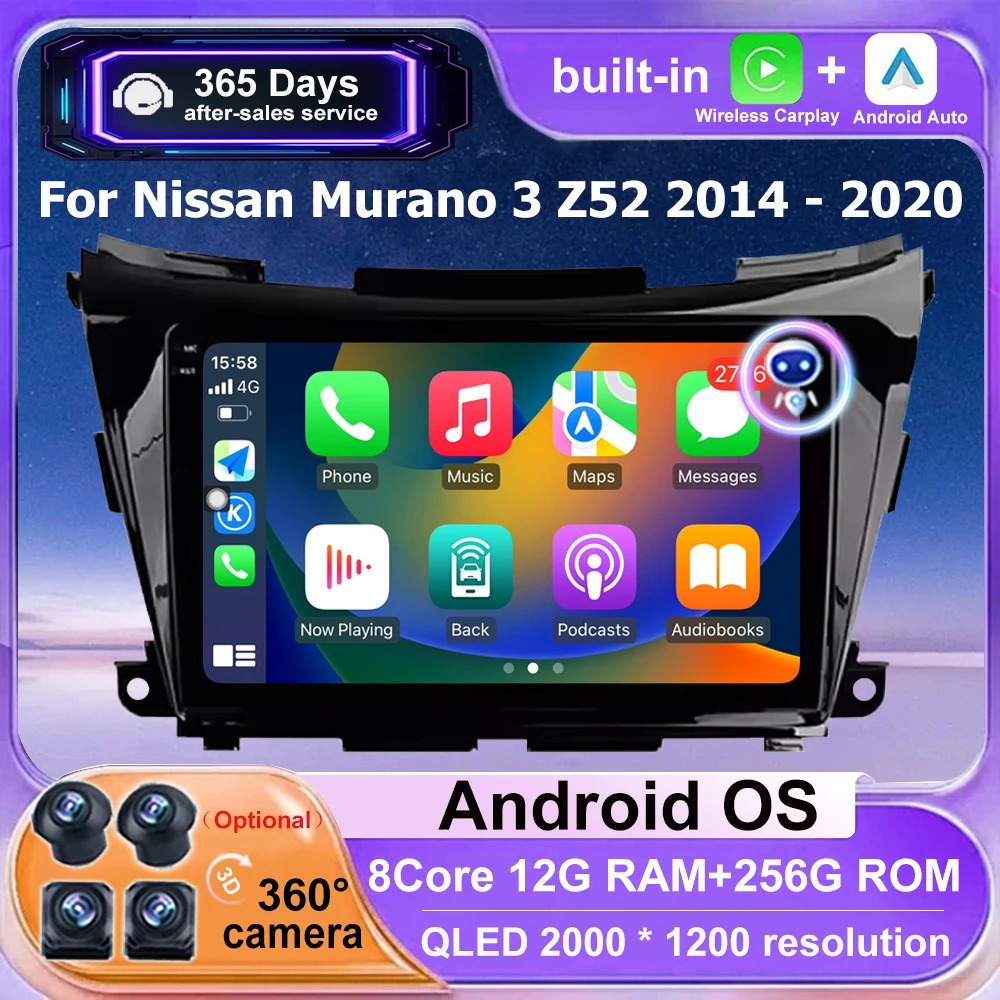 

Автомагнитола Android 16 с CarPlay для Nissan Murano 3 Z52 2014-2020: Мультимедийный видеоплеер, GPS-навигация, стереосистема, камера 360°, Bluetooth