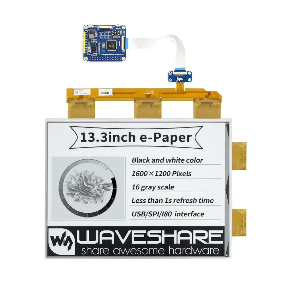 Waveshare 13.3inch e-Paper e-Ink Display HAT For Raspberry Pi 1600*1200 Black White Color 16 Grey Scales USB SPI I80 Interface