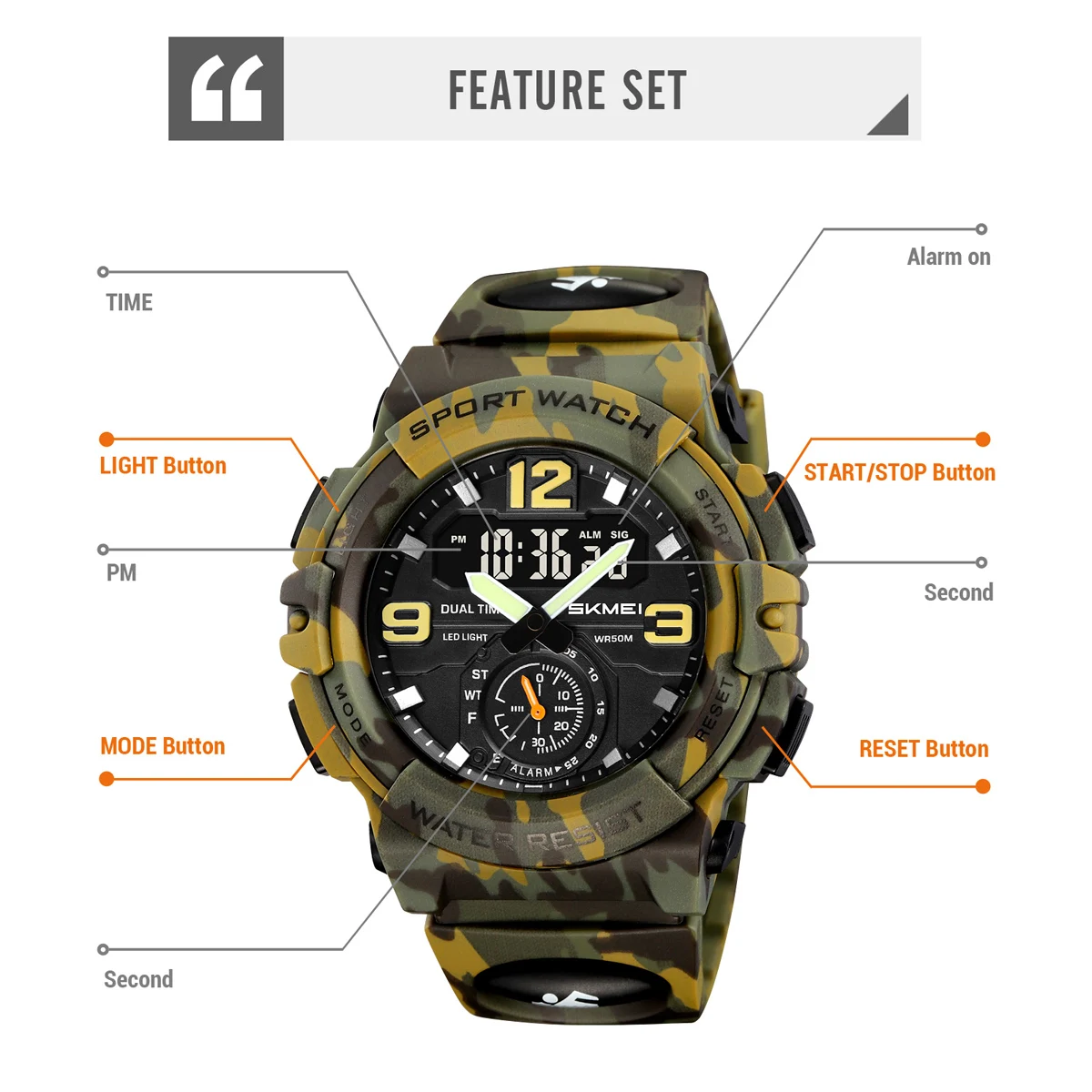 SKMEI Waterproof Quartz Wristwatch Alarm Clock Horloges Mannen Digital Electronic Large Dial Fashion Sport Watches For Men