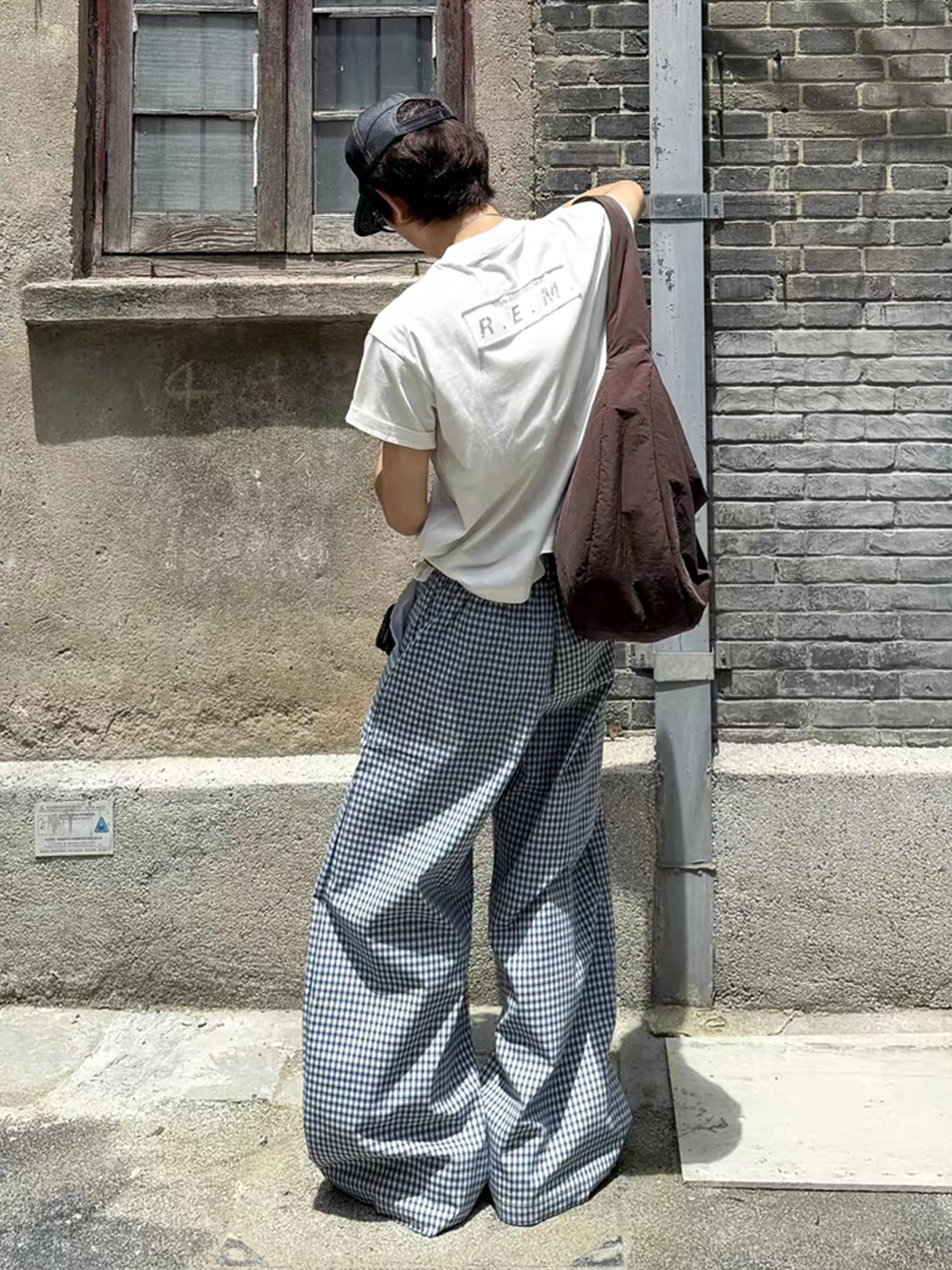 الأزرق منقوشة السراويل الرجال الصيف الأمريكية الرجعية فضفاض الشعور الرياضية ألف خط واسعة الساق Dra السراويل الطويلة #4