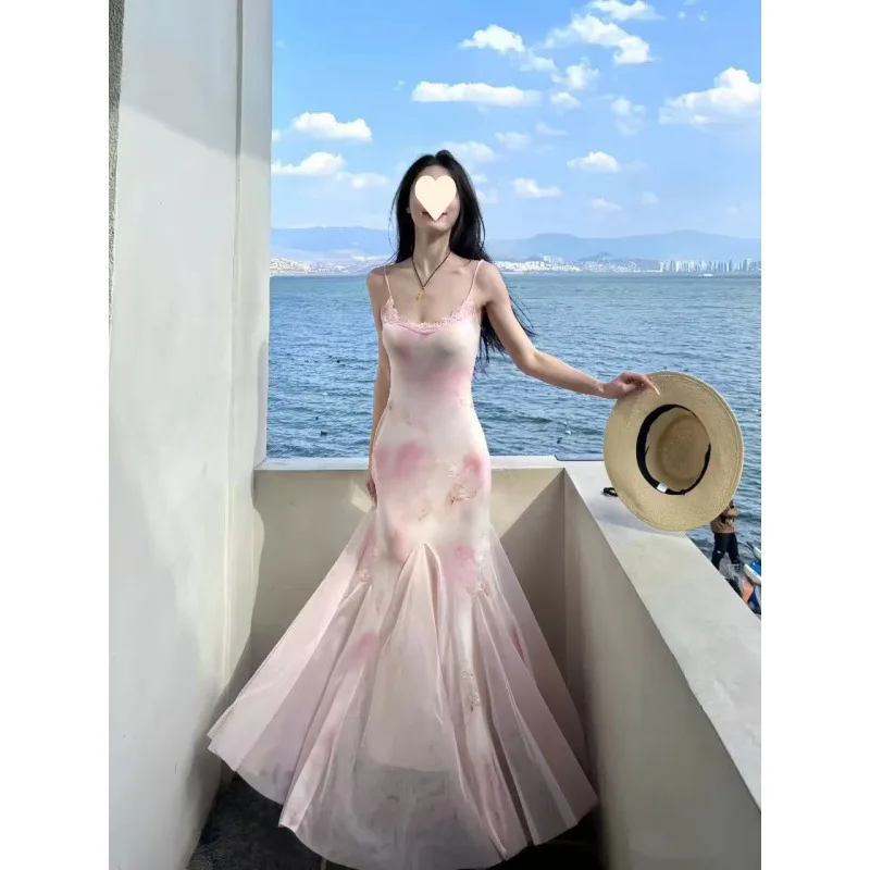 

2026 New Summer Pink Printed Beach Vacation Camisole Dress Y2k Women's Sexy Slim Fit Gauze Fishtail Skirt Maxi Dresses for Women