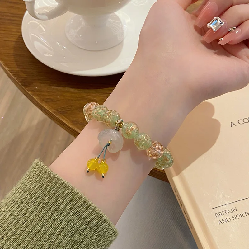 Sweet Fresh Ins Mori Fairy Style Green Colored Glaze Women's Simple Niche Design Flower Bracelet