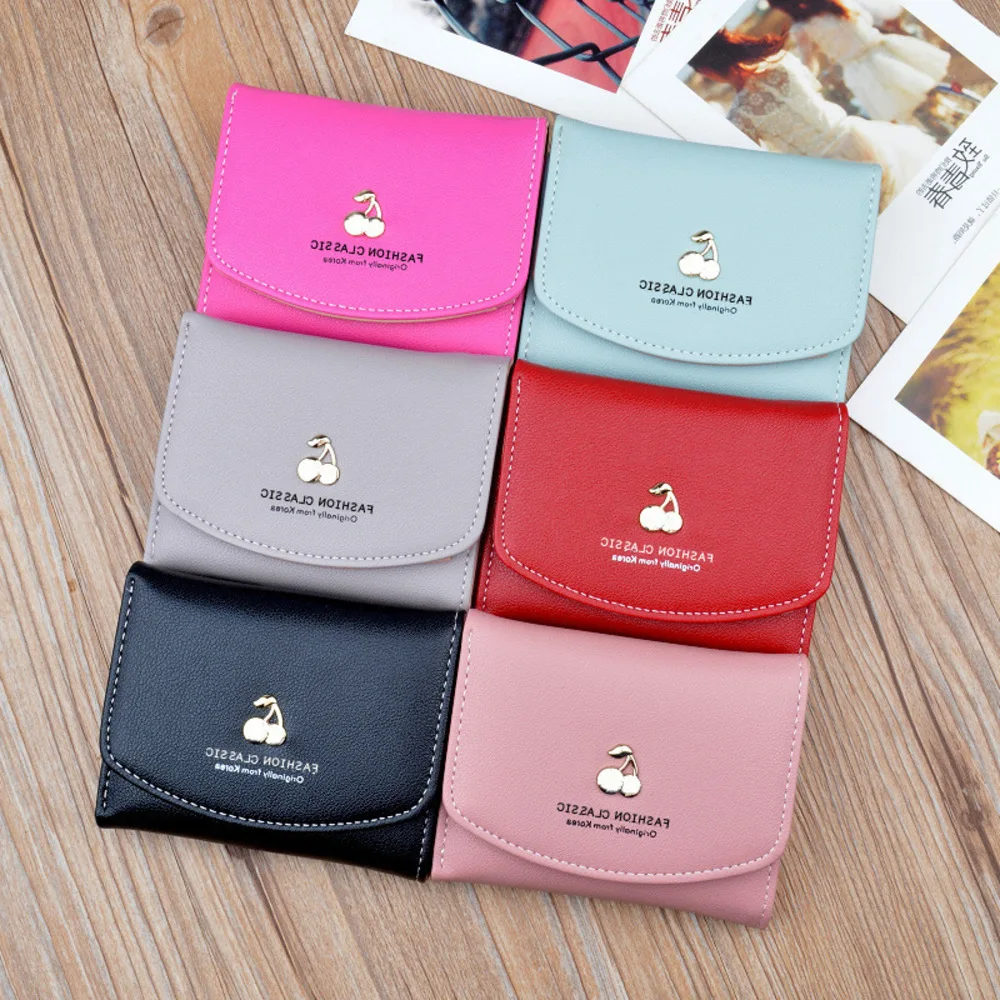 

Women's Cherry Metal Buckle Short Wallet PU Leather Card Holder With Snap Button Closure