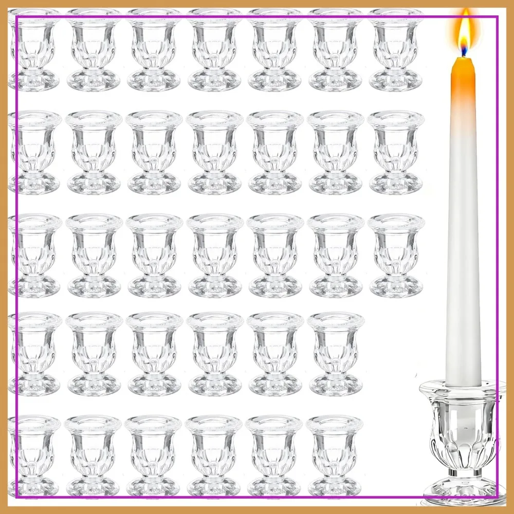 

48 Clear Glass Taper Candle Holders, 2.5" Small Candlestick Stands, Elegant Centerpieces for Wedding, Party & Home Decor