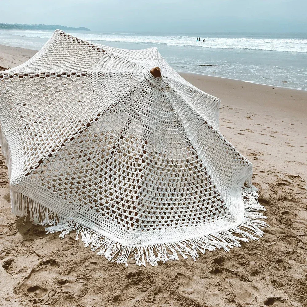 Custom Luxury Macrame Garden Parasol White Outdoor Fringe Wooden Canvas Boho Beach Umbrella with Tassels