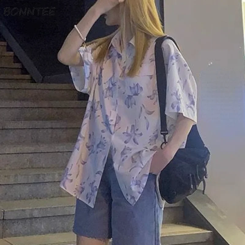 

Shirts Women Summer Print Baggy All-match Turn-down Collar College Short Sleeve Casual Simple Ulzzang Stylish Trendy Chic Camisa