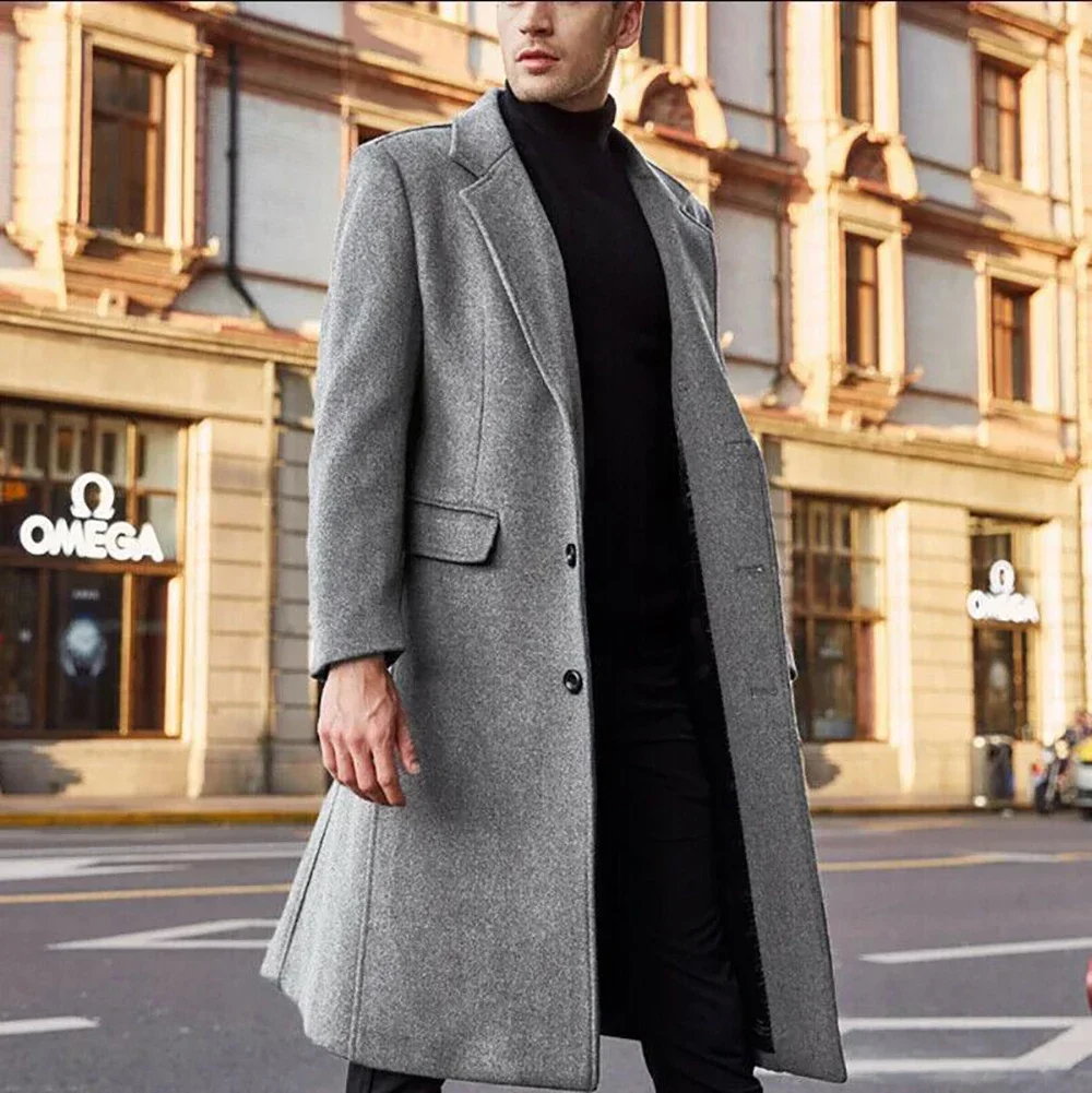 2025 New Men's Long Windbreaker Woolen Overcoat English Style Button Jacket Outdoor Long Cross-Border Men's Fleece Coats