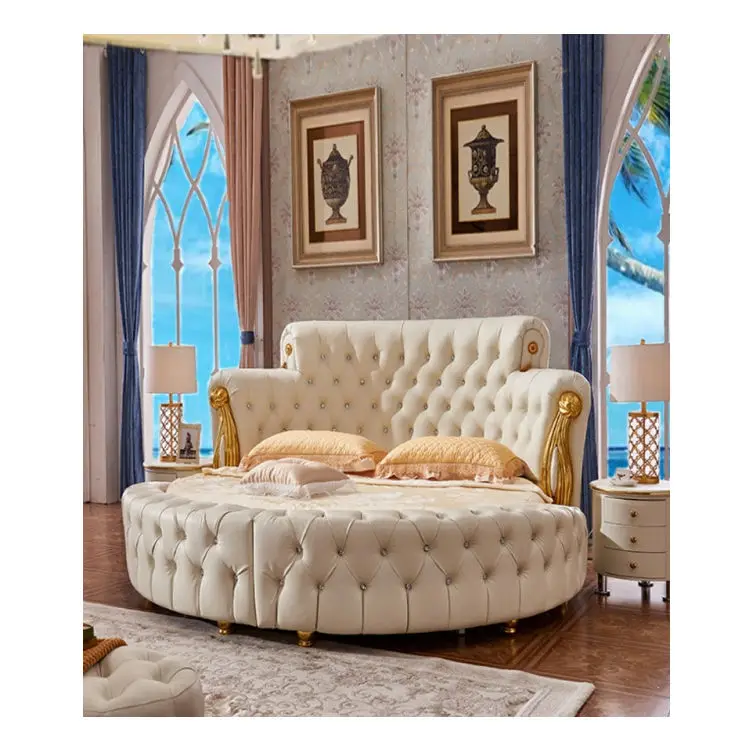 

Оптовая продажа, высокое качество, большая круглая бархатная кровать, биметаллическая свадебная деревянная кожаная тканевая кровать, пара, принцесса, отельная кровать