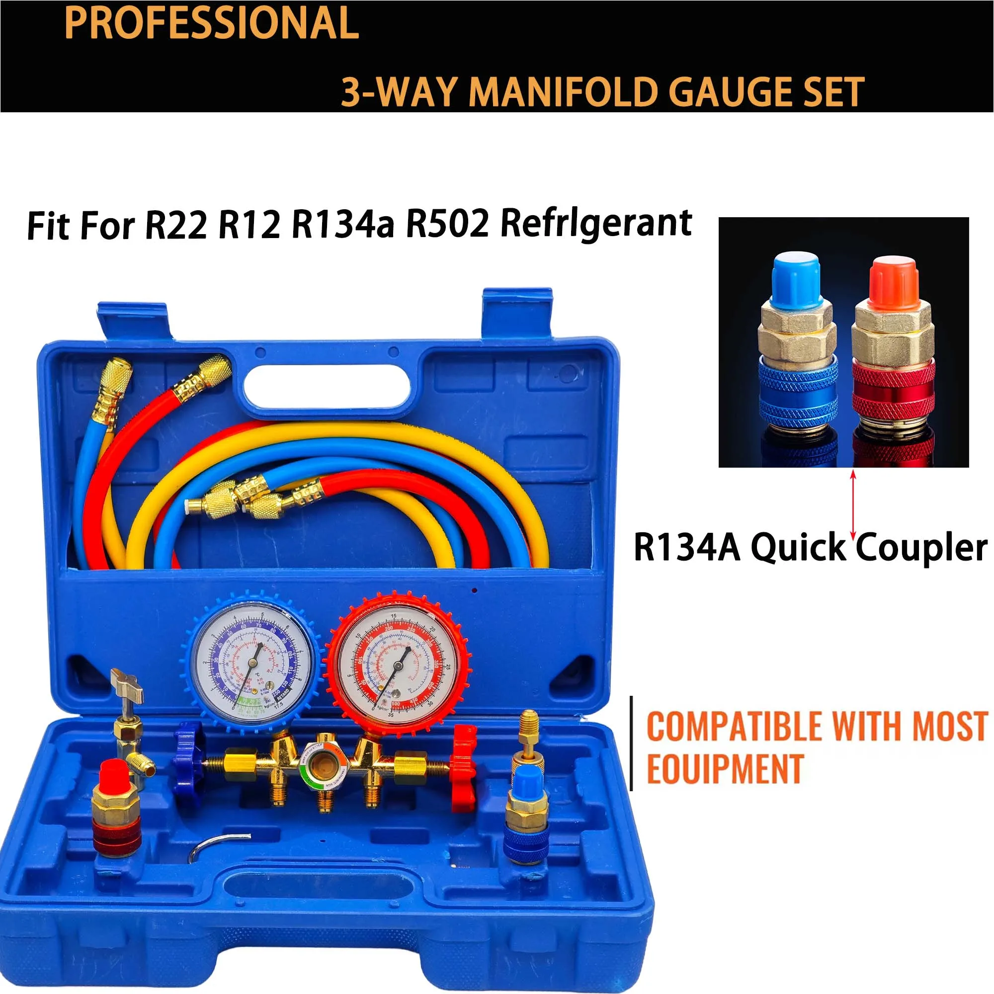 

1 Set Tool Kit Car Air Conditioner Pressure Manifold Gauge Hose Adapter R12 R22 R134a R502 Refrigerant Pressure Gauge