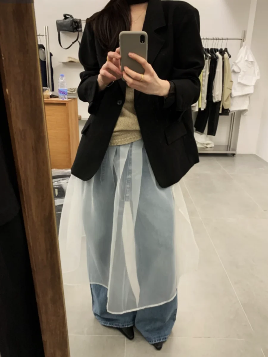 Elegant Organza Skirt Curtain Half-length Cool Sweet Pleated A-line Puffy Skirt Overlap Outerwear Ladylike Midi Summer 2026