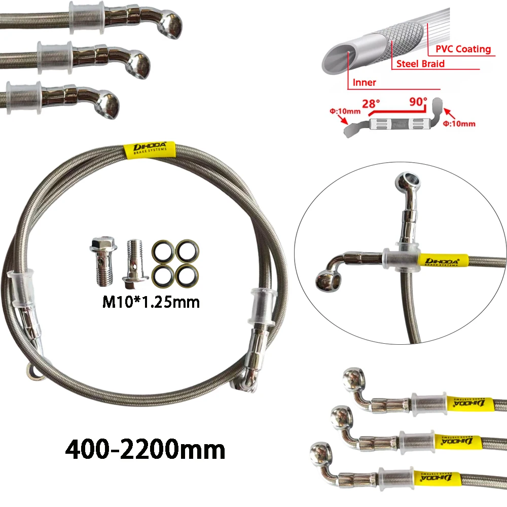 Mangueira de Freio Hidráulico Universal para Motocicletas 400-2200mm 28 ° &90 °   Cabo DOT Trançado Preto com Conector M10 para Yamaha Honda Suzuki