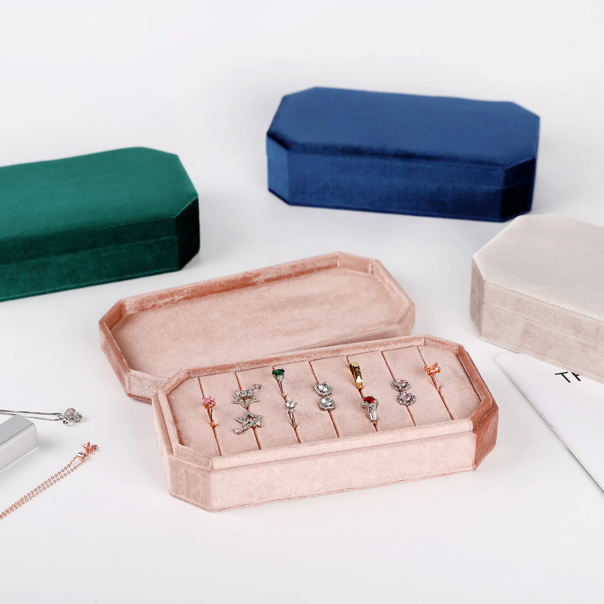 Velvet Jewelry Box Exquisite Gift Box for Wedding Birthday Christmas Day - Octagonal Ring Earring Organizer Display Tray