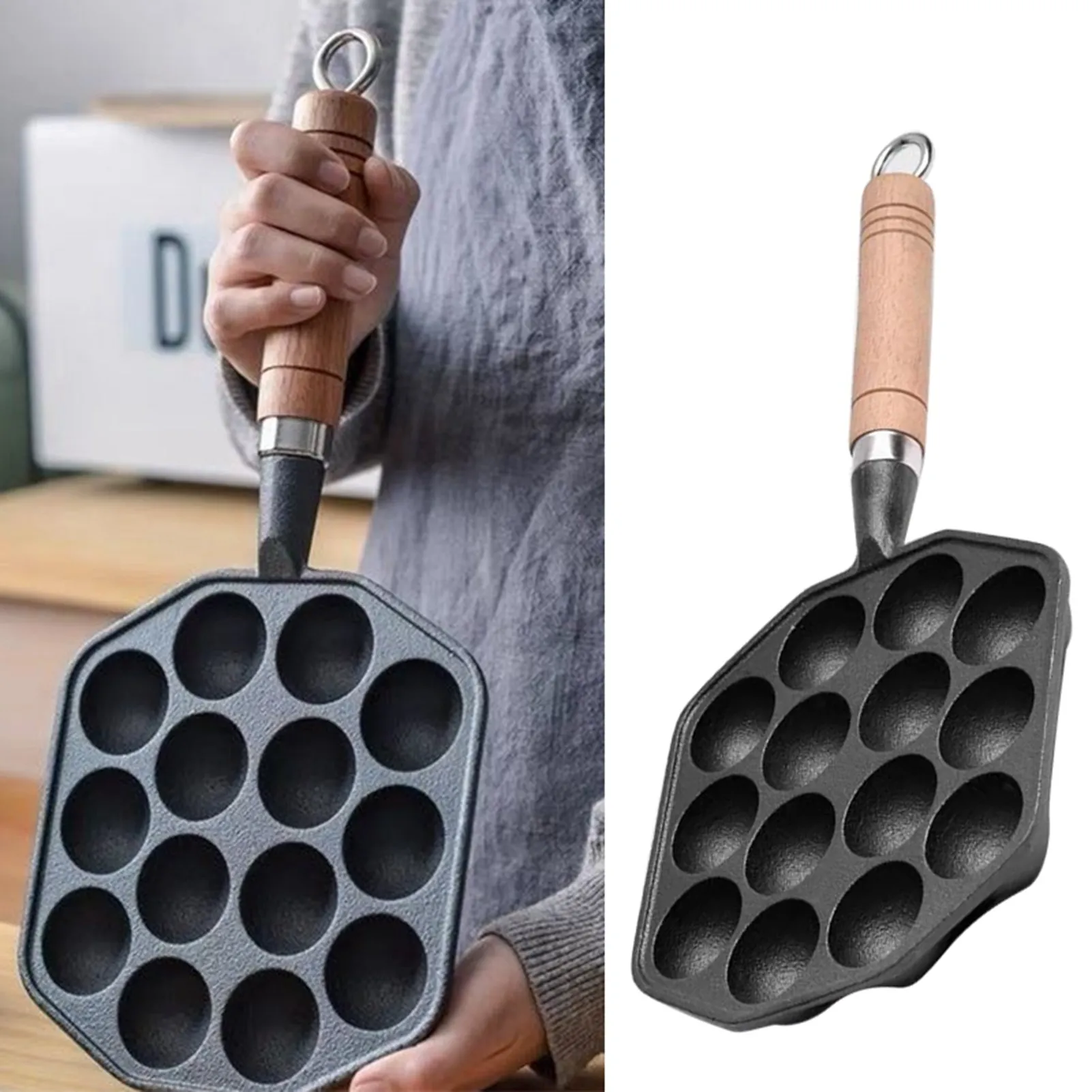 ZK40 14 Holes Takoyaki Pan Nonstick Cast Iron Octopus Meat Balls Mold Maker with Detachable Handle for Home Pancake Baking