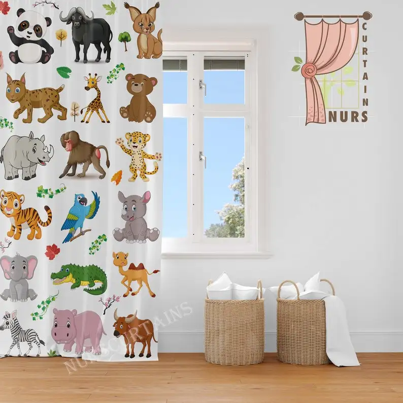 Cute Animals Pattern Curtain, Kids Room Curtain, Nursery Activity Curtain, Fun Educational Curtain, Blackout Curtain
