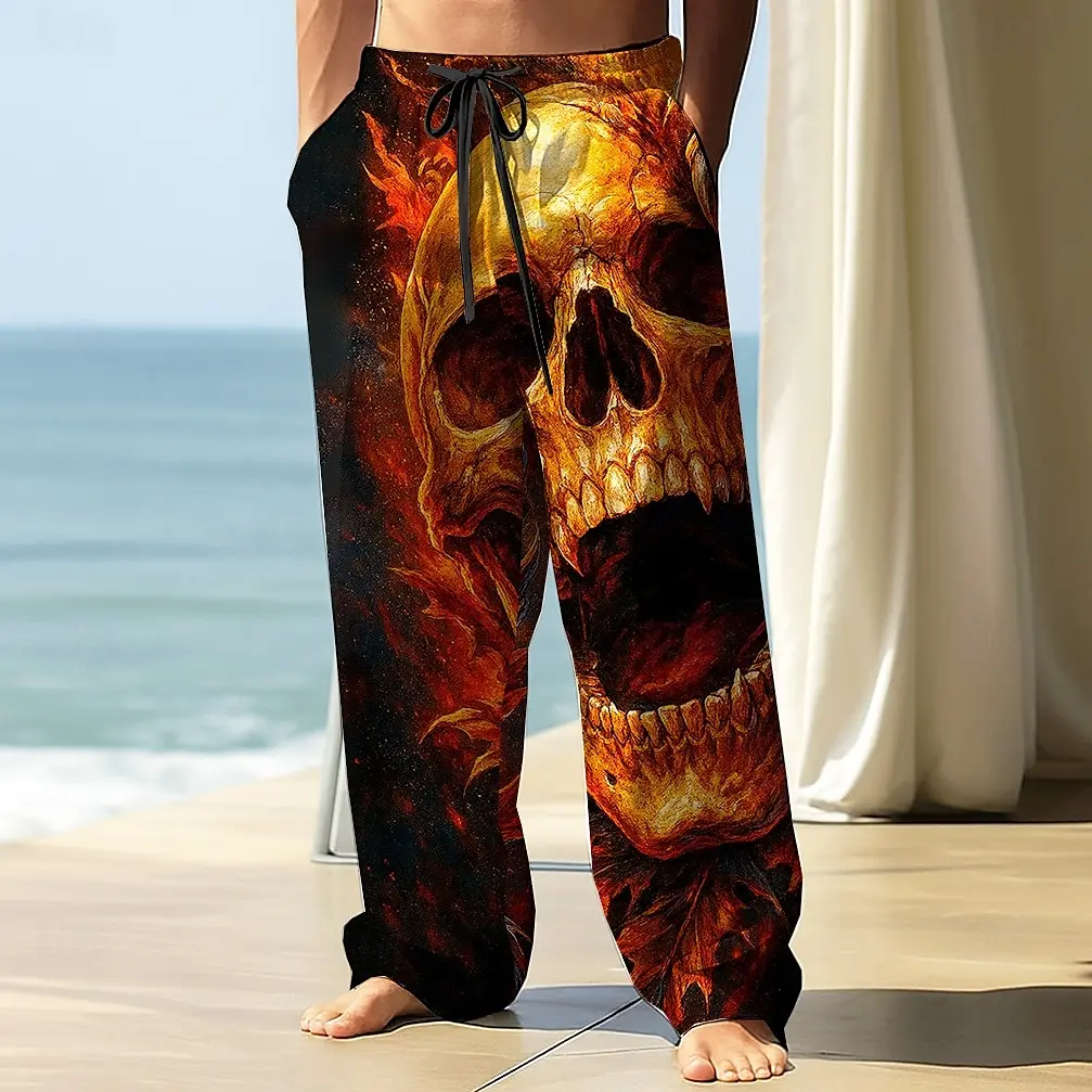 Men's Skull Death Printed Trousers Baggy Pants Casual Pants Mid Waist Elastic Drawstring Waist Pants for Men Streetwear Fall