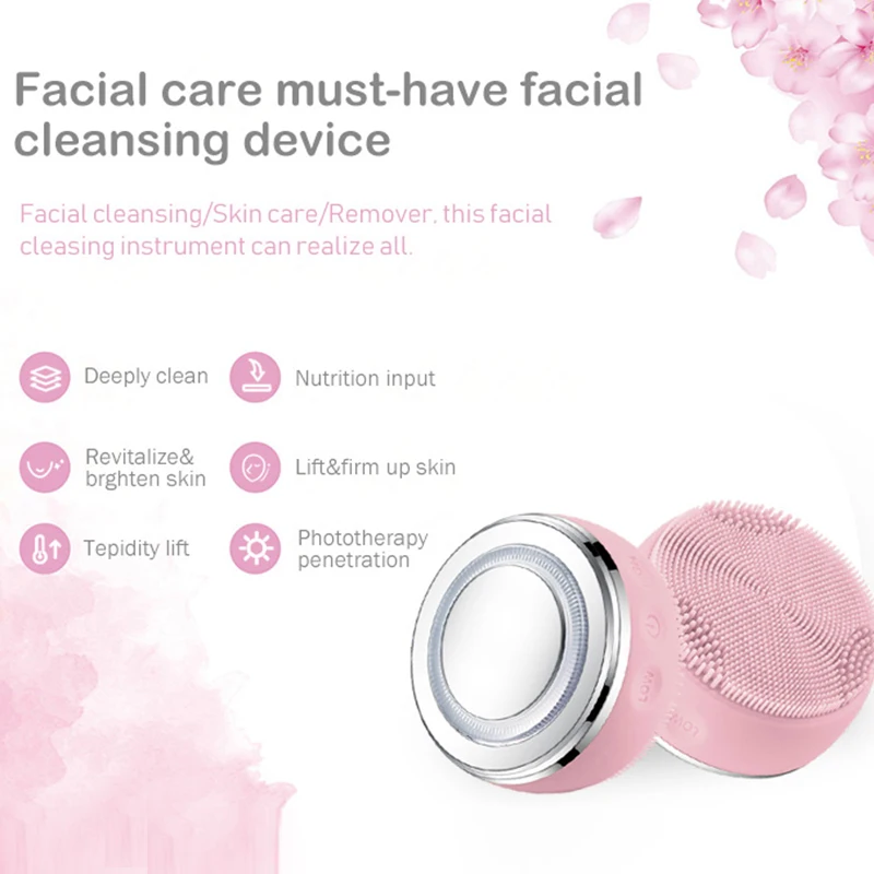 Photon Therapy Sonic Skin Care Tool System Waterproof rechargeable Facial silicone cleanser Brush Deep cleaning tool