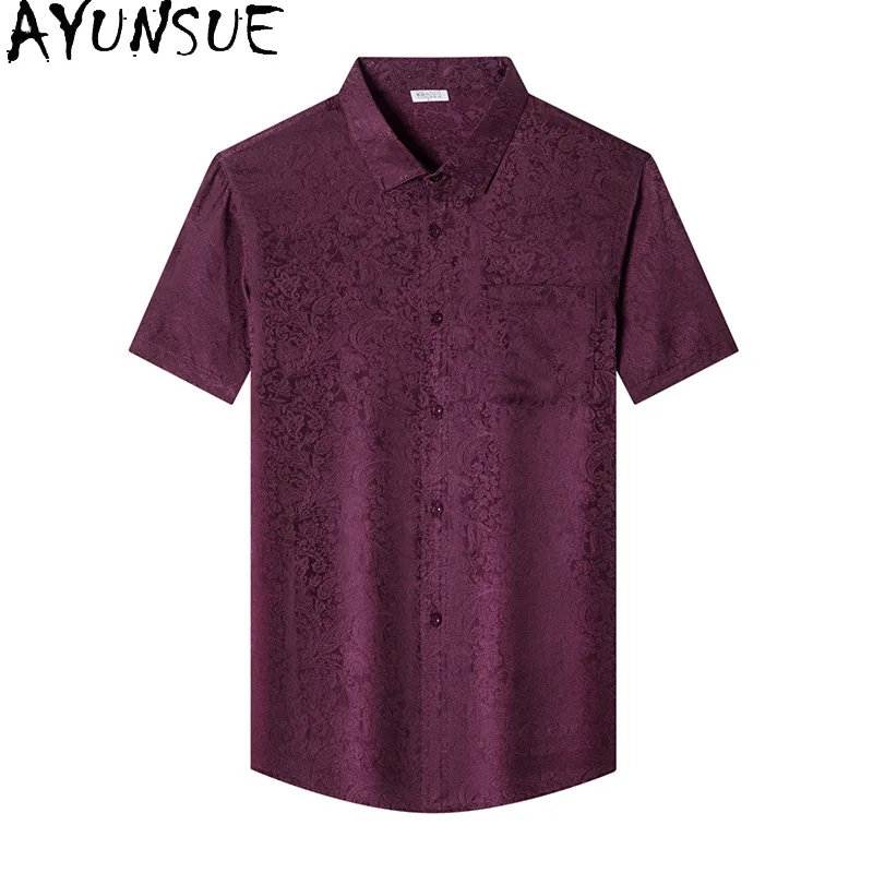 AYUNSUE Quality 100% Mulberry Silk Shirt for Man Summer Short-sleeved Tops Trendy Loose Solid-color Mens Shirts Male White Shirt
