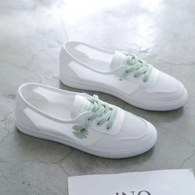 Women Spring Summer Flats Sneakers Mesh Breathable Lace Up Tennis Casual Light Hollow Sapatos Femininos White Comfort Zapatos