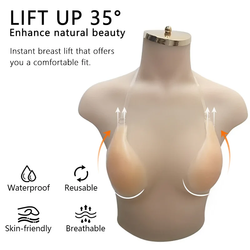 Sutiã de elevação em forma de colher com alças para anti-flacidez, reunião invisível e sem costura, remendo de peito de silicone