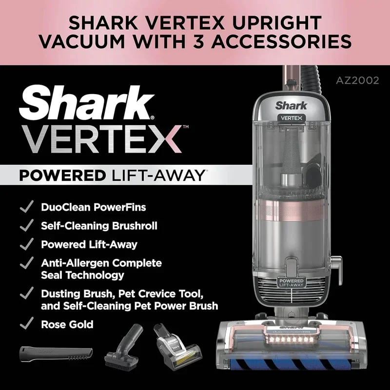 QWShark AZ2002 Vertex Powered Lift-Away Upright Vacuum with DuoClean PowerFins,Self-Cleaning Brushroll,Large Dust Cup,Pet Crevi