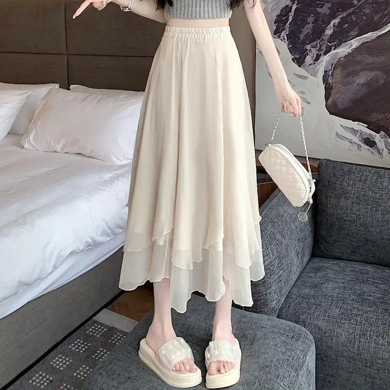 

Fairy Fashion Irregular Gauze Long Skirts Female Clothing High Waist Elastic Summer A-Line Solid Color Ruffles Spliced Skirts