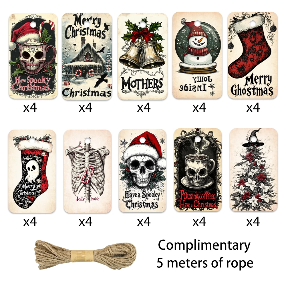 40個、ダークゴシックタグ、クリスマスギフトラベル、パーティーデコレーション、DIY、ギフトラッピング、グリーティングカード、パーティーカード、ジュート紐