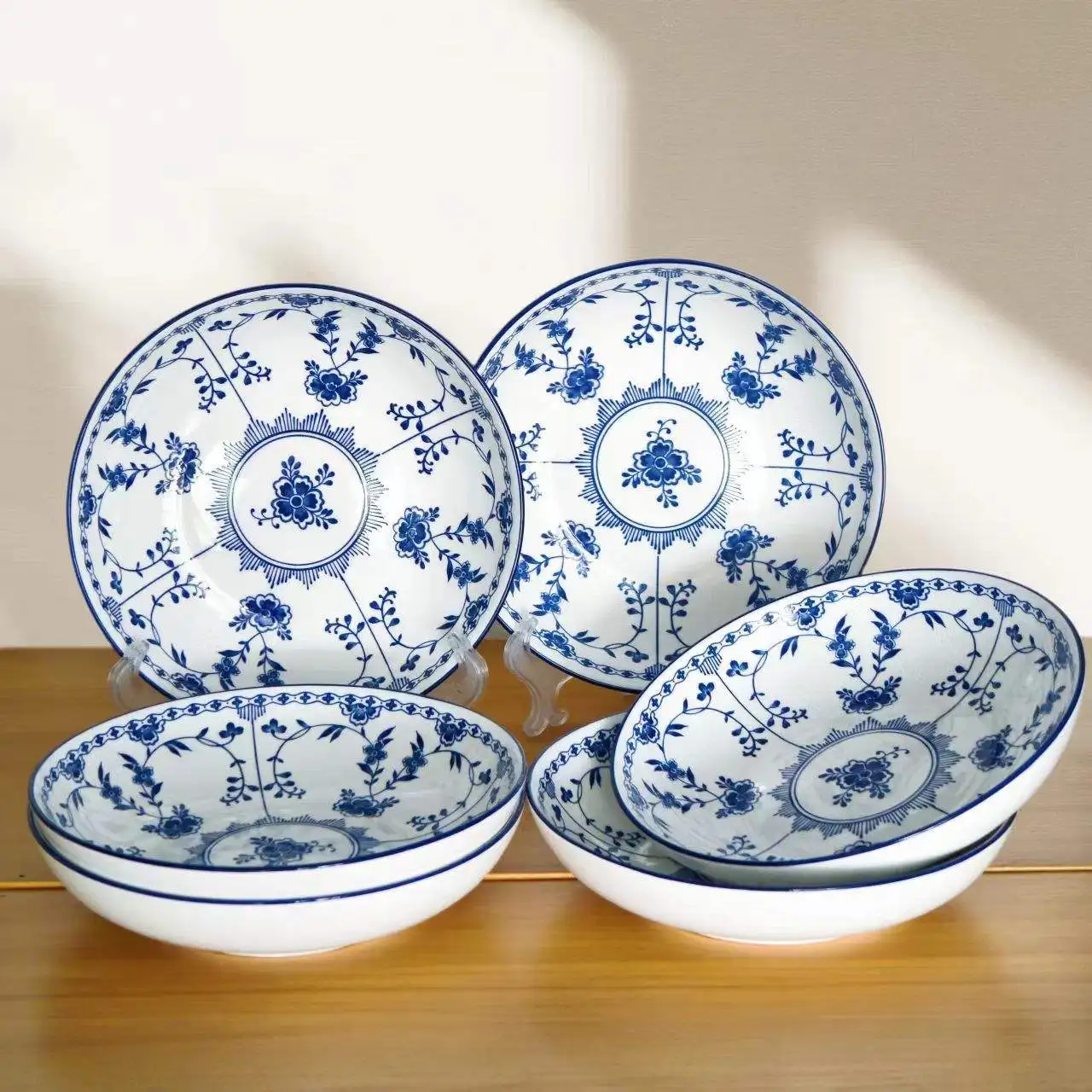 8in Retro Blue White Twig Plate Set 6Pcs, Chinese Underglaze Floral Household Ceramic Serving Dish