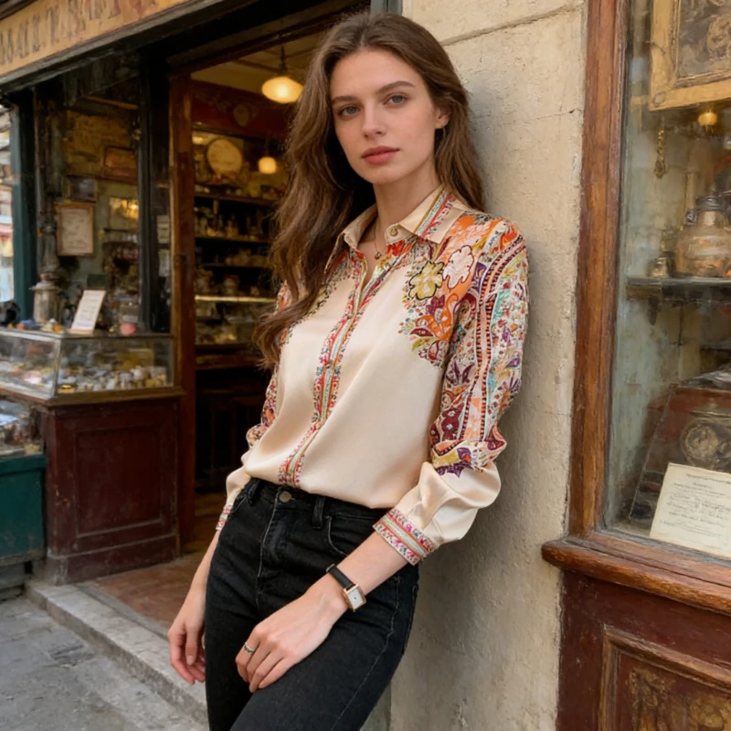 

Новая модная женская блузка с 3D-принтом и отложным воротником, с длинным рукавом, элегантный кардиган на пуговицах, из атласа и шифона, повседневная.