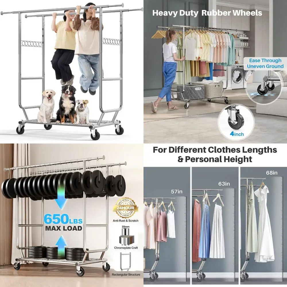 

Heavy Duty Collapsible Garment Rack with Wheels and Double Rods for Hanging Clothes, Supports Up to 650 LBS