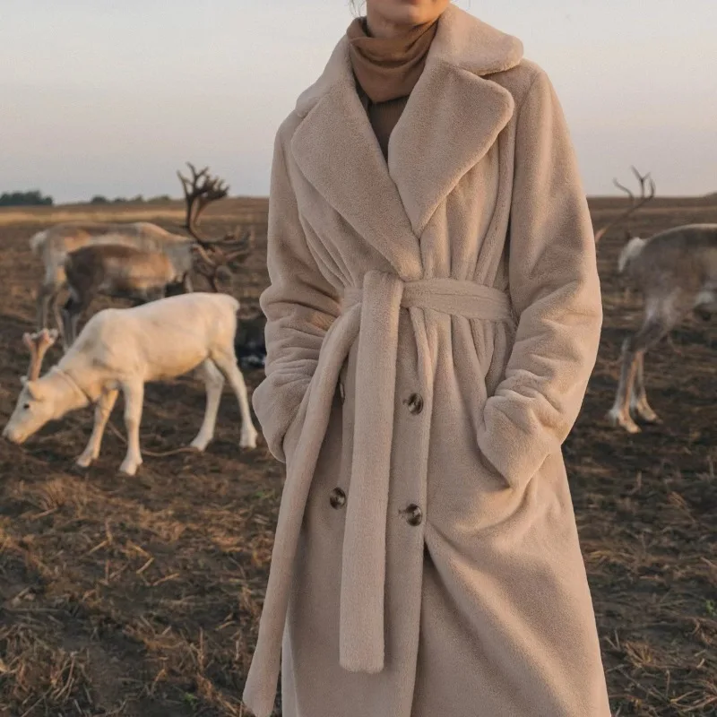 

Belted Trench Coat Women's 2025 Long Faux Rabbit Fur Jacket Slim Fit Plush Cardigan Style Luxury Winter Wear