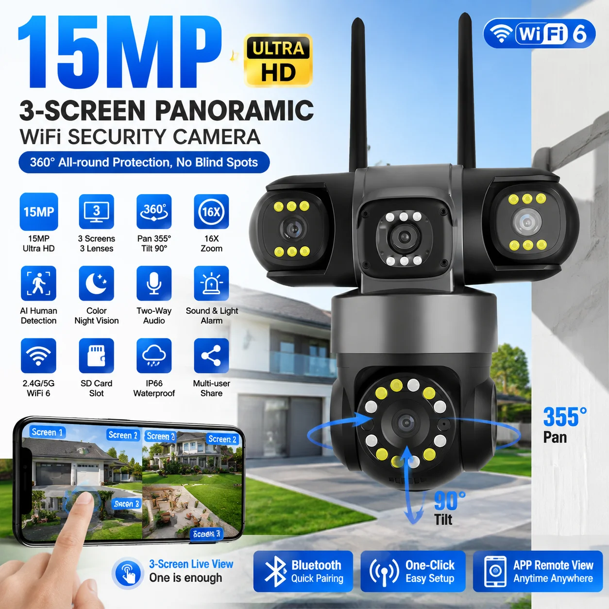 15MP Triple Lens PTZ Security Camera Outdoor WiFi Camera 360° Rotation 16X Zoom Auto Tracking Night Vision CCTV Surveillance