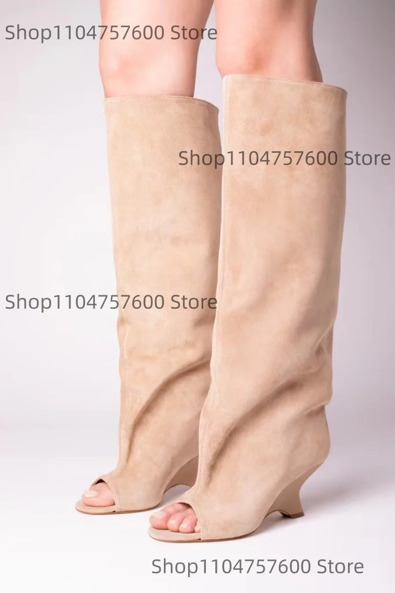 

Women's Suede Avant Garde Peep Toe Knee High Unique Sculpted Heel Boots Retro Edgy Event Street Ladies Large Size Mid Calf Botas