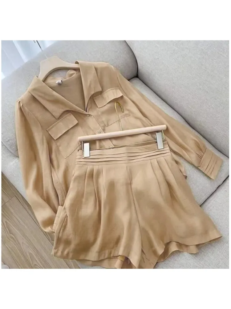 Spring Summer Short Set Women Fashion Black Casual Long Sleeve Shirt Top 2 Piece Set Female Holiday Solid New Suit Lady Clothing