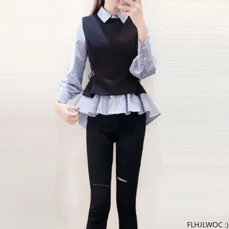 Cute Outfits New Design Chic Korea Fashion Women Long Sleeve Striped Shirts Vest Office Lady Peplum Ruffles Tops