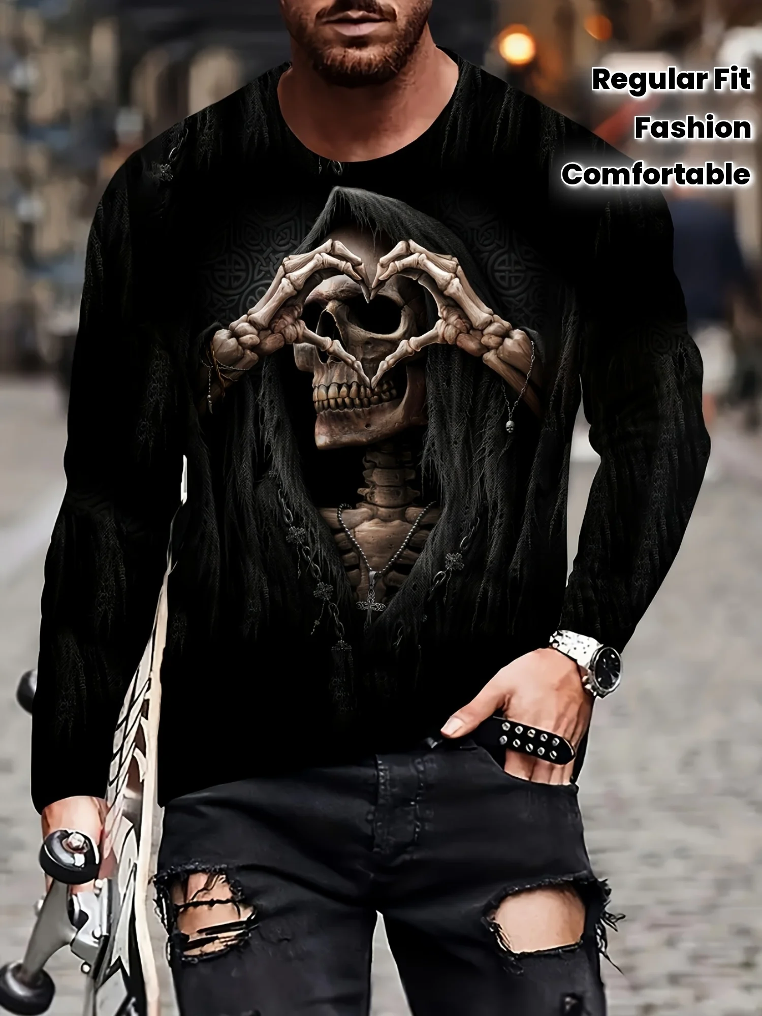 

Мужская футболка Gothic Love Essential 2025 года со скелетом и сердечками, черная футболка с длинными рукавами, острый уличный стиль, комфорт ​