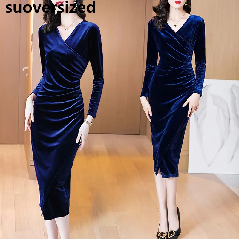 Elegant Diamond Evening Party Dress Women Oversized 4Xl Korean Slim Velvet Dresses Luxury Vintage Long Sleeve Midi Vestido Mujer