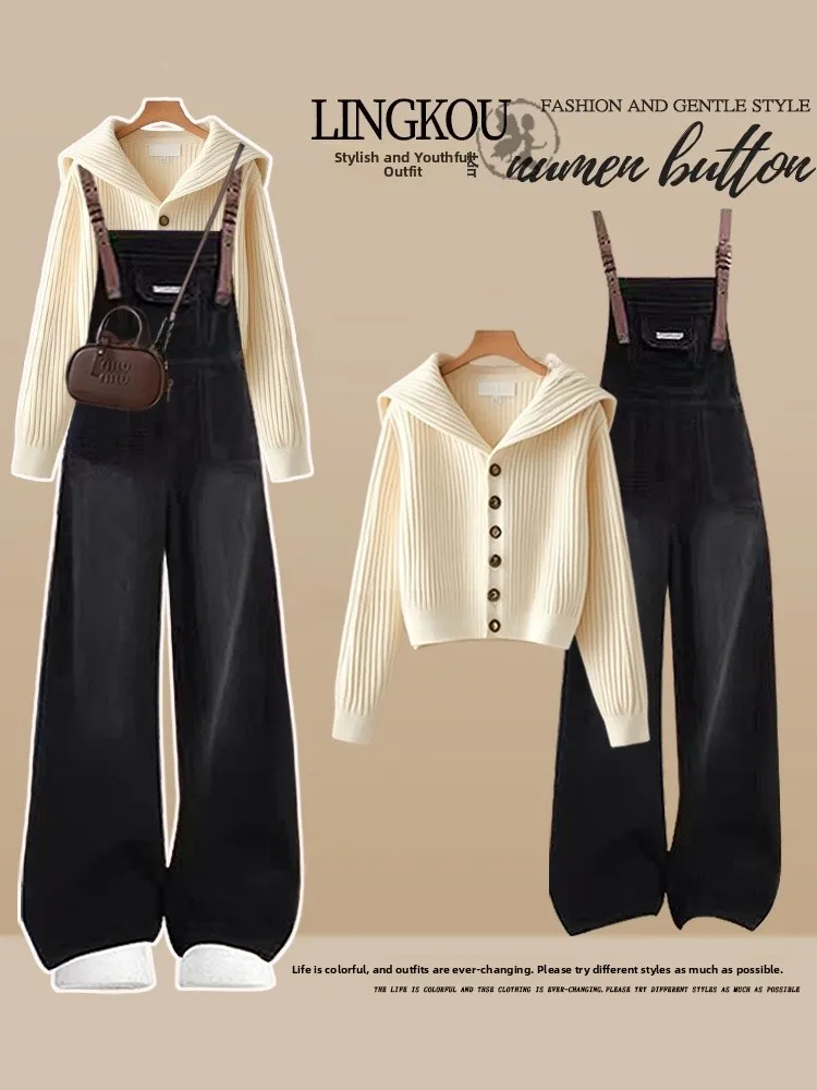 

Антивозрастной комплект из двух предметов: вязаный свитер в корейском стиле и джинсовый комбинезон больших размеров для женщин, весна-осень, эффект стройности