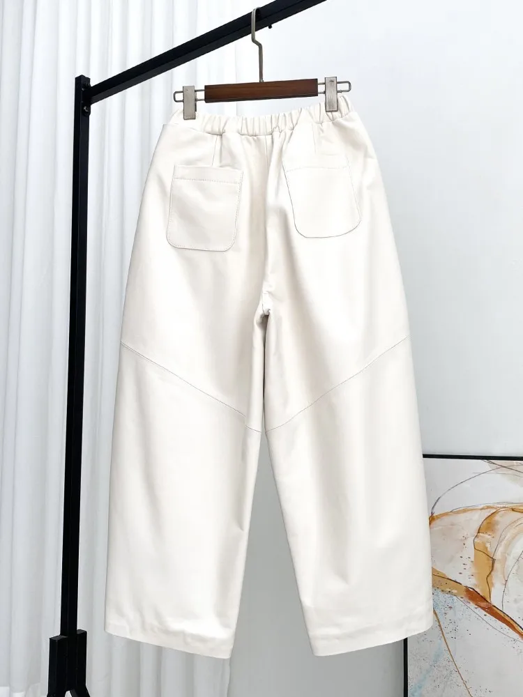 Casual Women Genuine Leather Pants Elasitc Waist Loose Fit High Street Solid Color Real Sheepskin Ankle Length Wide Leg Trousers