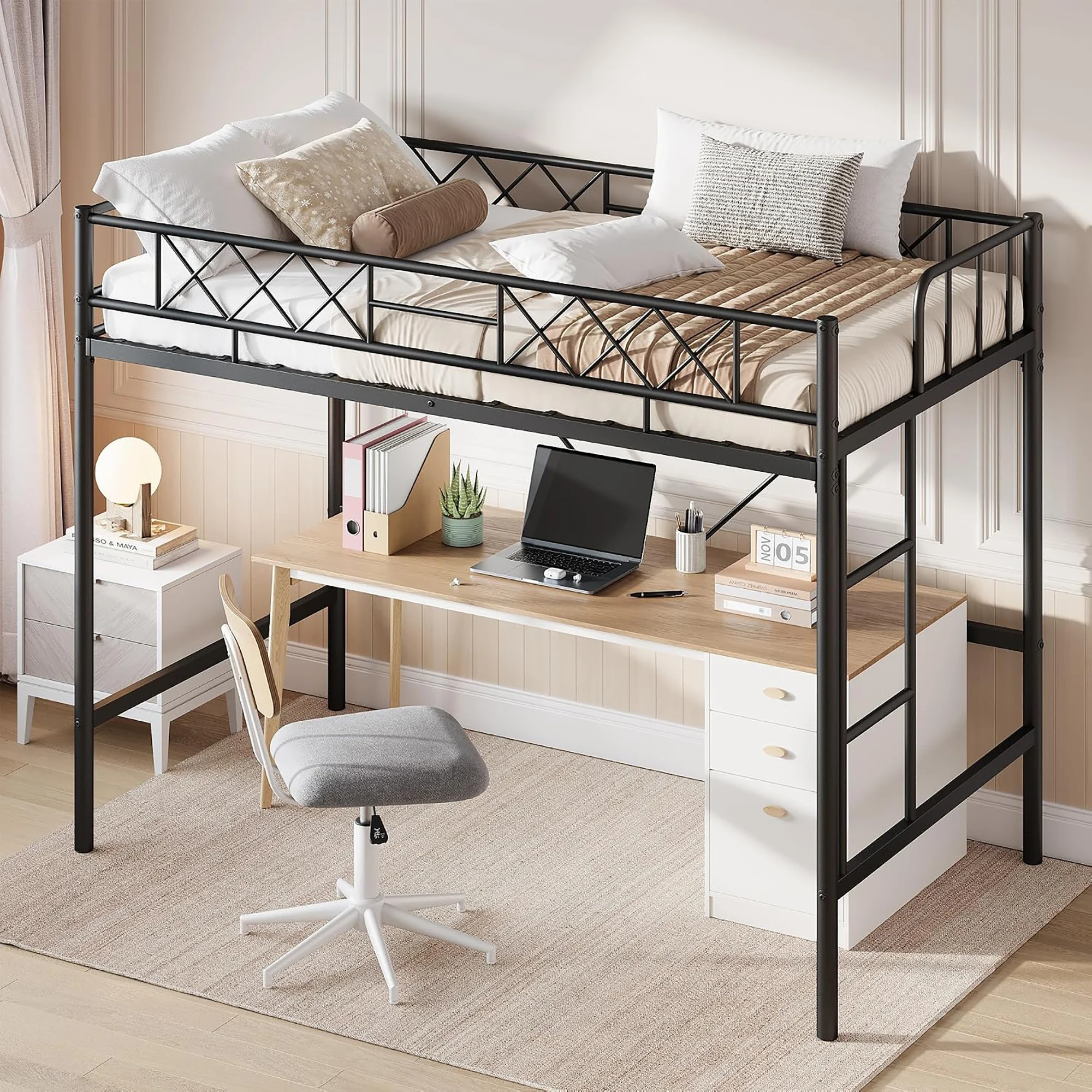 Twin Metal Loft Bed Frame With Arched Guardrail And Ladder, Heavy Duty Steel Slats, Underbed Space, No Box Spring For Small Rooms